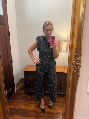Rebecca Taylor Black One-Shoulder Ruffle Floral Dress with Pink Print